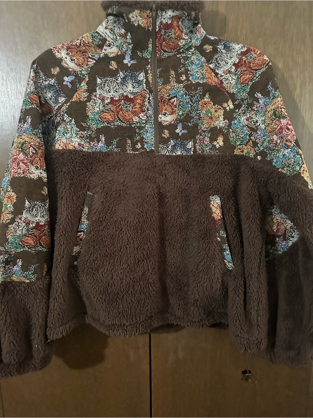 Cider Half-Zip Cafe Brown Sherpa Pullover Tapestry Floral Cat Print Size Large - Picture 5 of 16